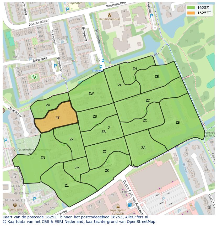 Afbeelding van het postcodegebied 1625 ZT op de kaart.