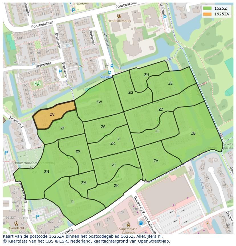 Afbeelding van het postcodegebied 1625 ZV op de kaart.