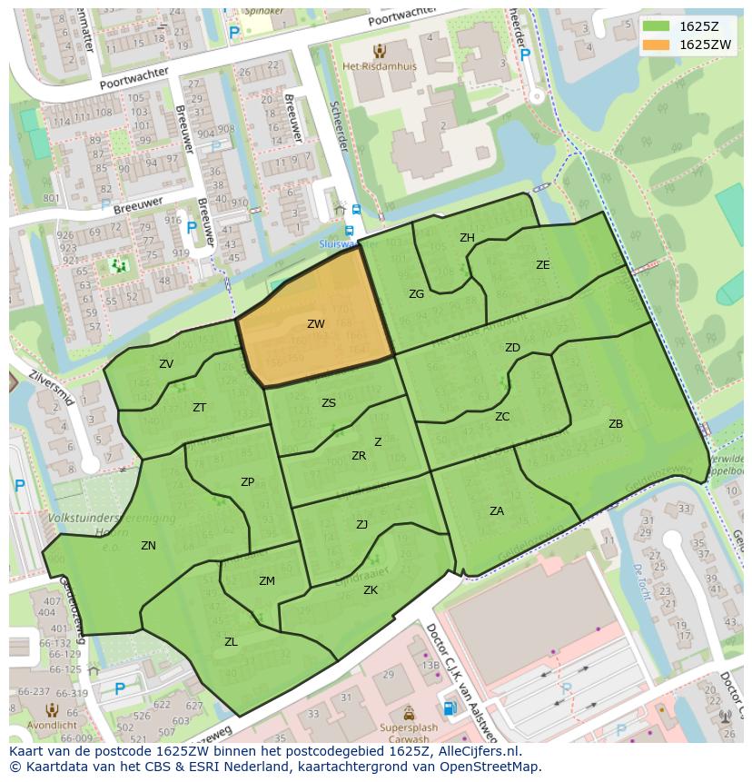 Afbeelding van het postcodegebied 1625 ZW op de kaart.