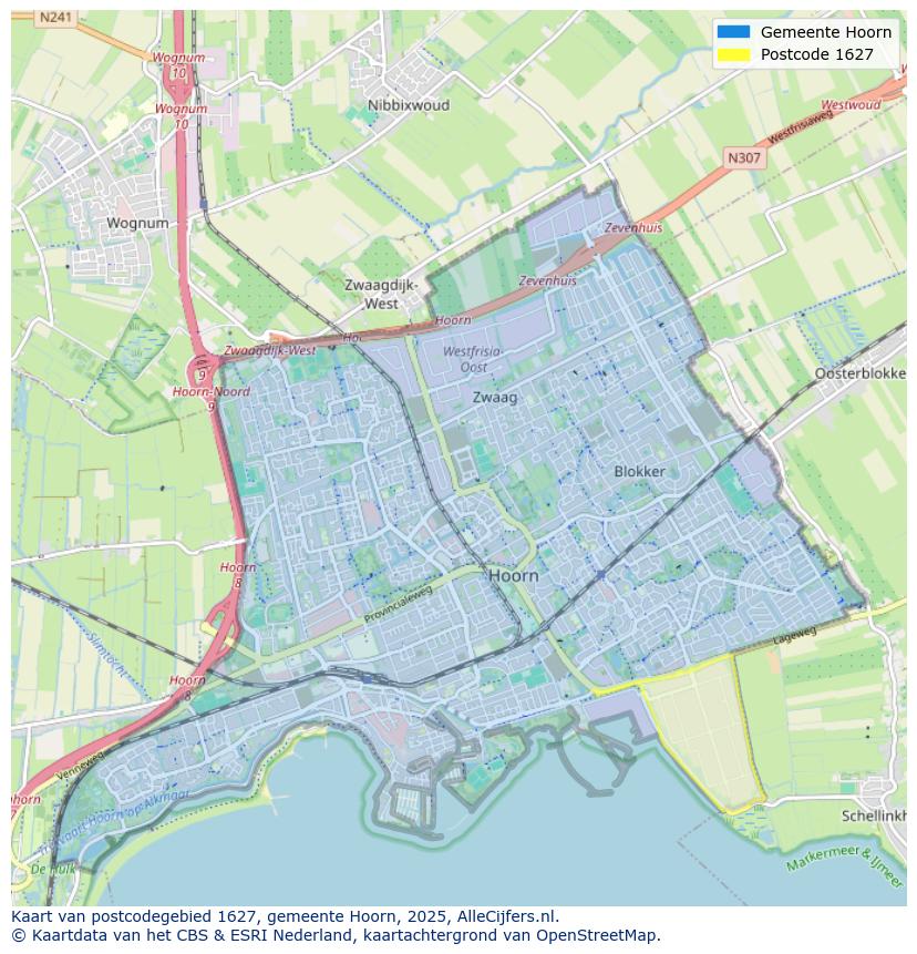 Afbeelding van het postcodegebied 1627 op de kaart.