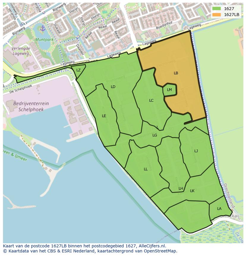 Afbeelding van het postcodegebied 1627 LB op de kaart.