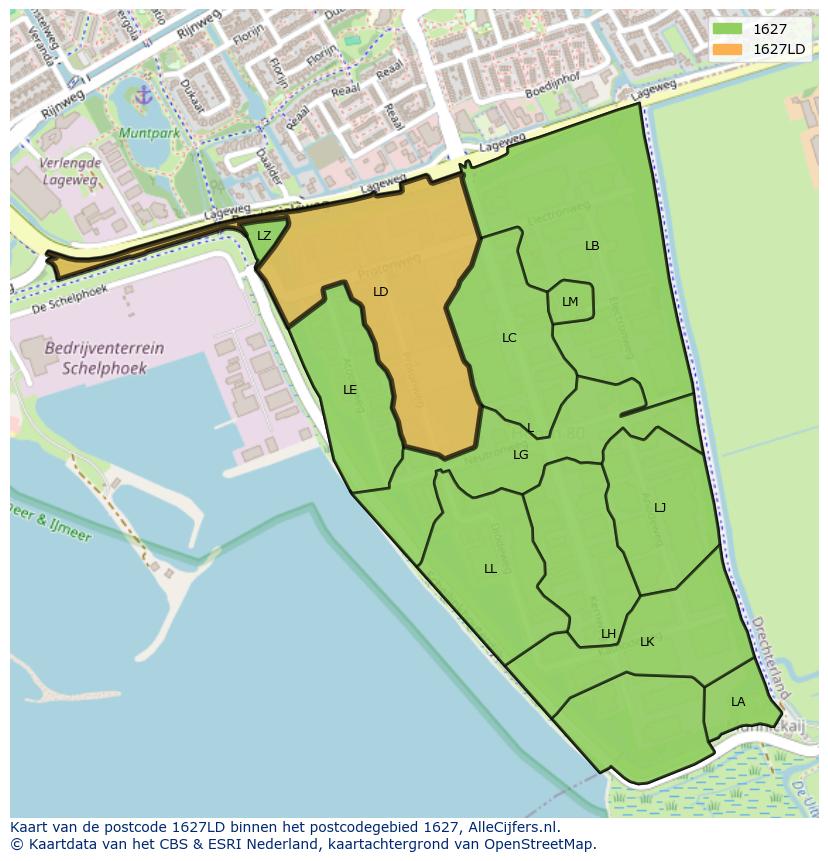 Afbeelding van het postcodegebied 1627 LD op de kaart.