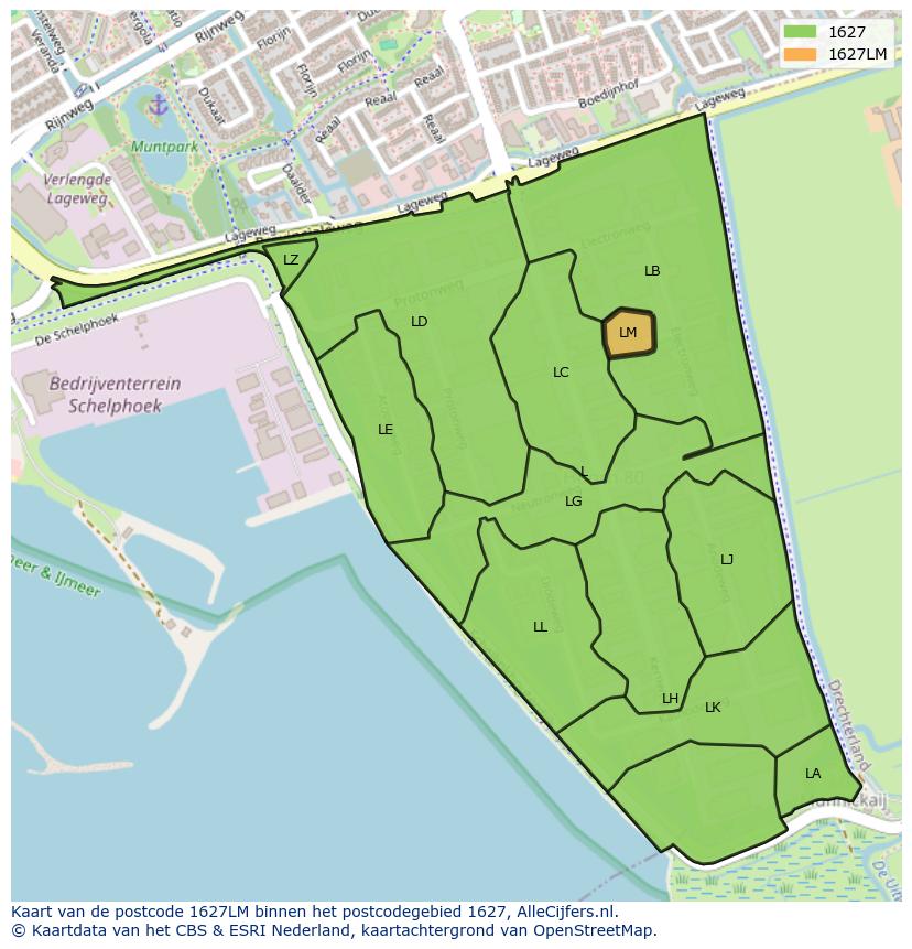 Afbeelding van het postcodegebied 1627 LM op de kaart.