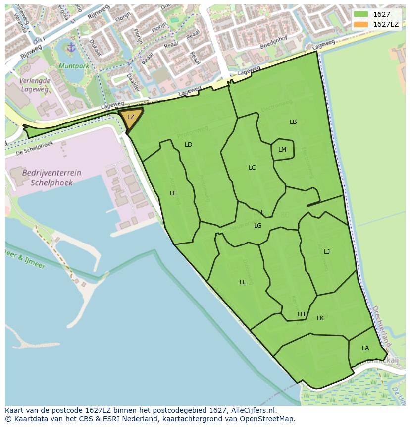 Afbeelding van het postcodegebied 1627 LZ op de kaart.