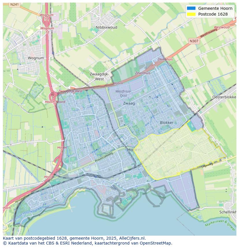 Afbeelding van het postcodegebied 1628 op de kaart.