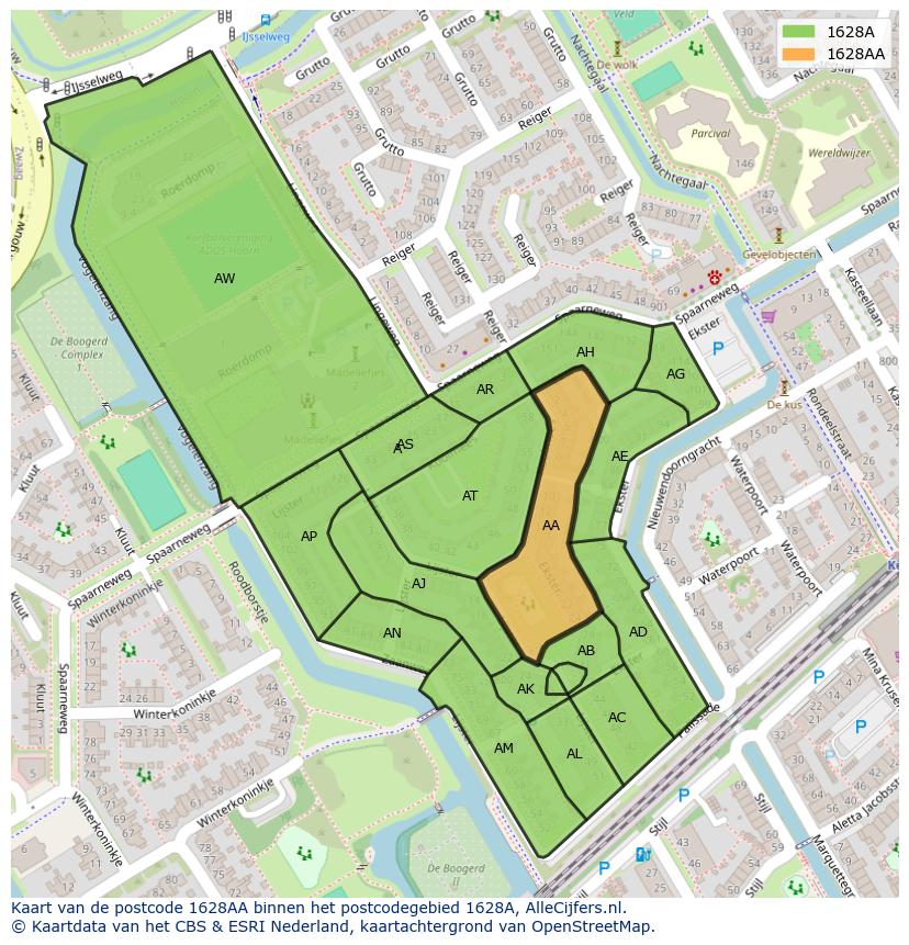 Afbeelding van het postcodegebied 1628 AA op de kaart.
