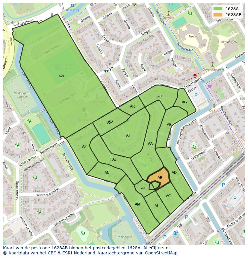Afbeelding van het postcodegebied 1628 AB op de kaart.