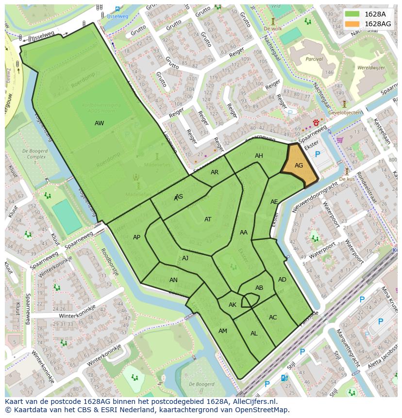 Afbeelding van het postcodegebied 1628 AG op de kaart.