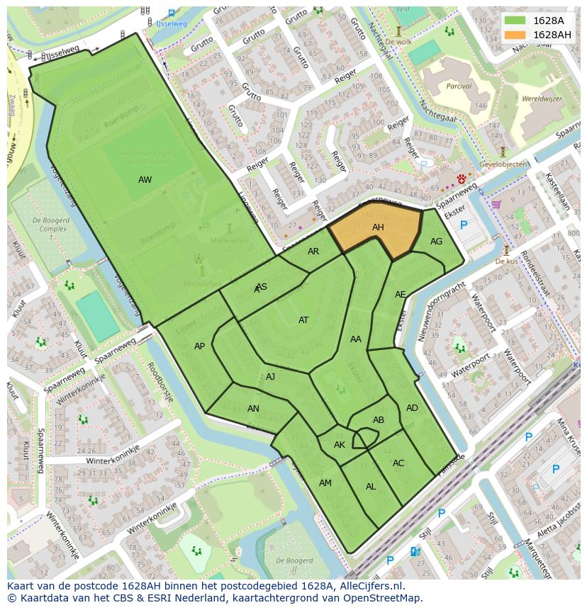 Afbeelding van het postcodegebied 1628 AH op de kaart.