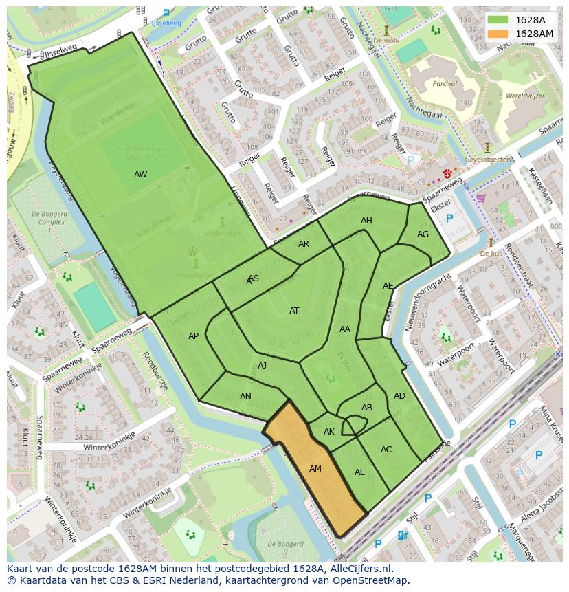 Afbeelding van het postcodegebied 1628 AM op de kaart.