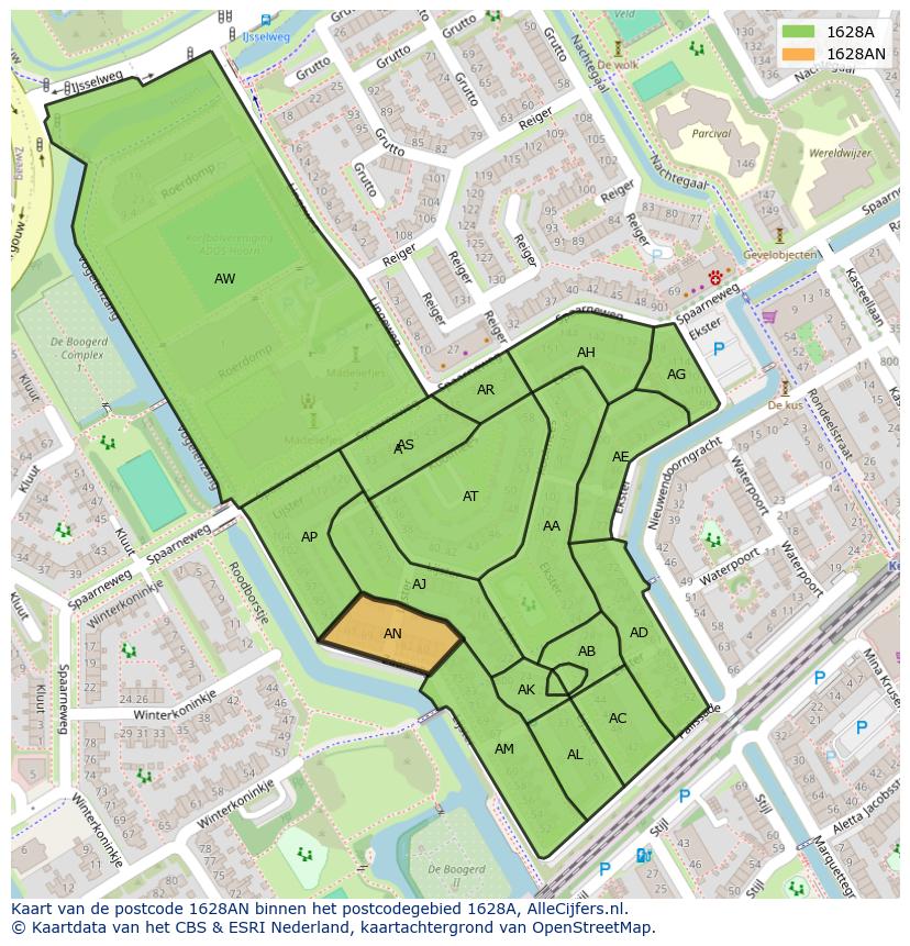 Afbeelding van het postcodegebied 1628 AN op de kaart.