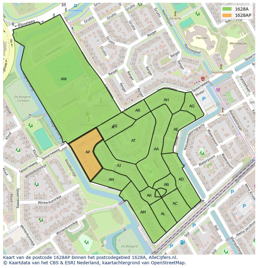 Afbeelding van het postcodegebied 1628 AP op de kaart.