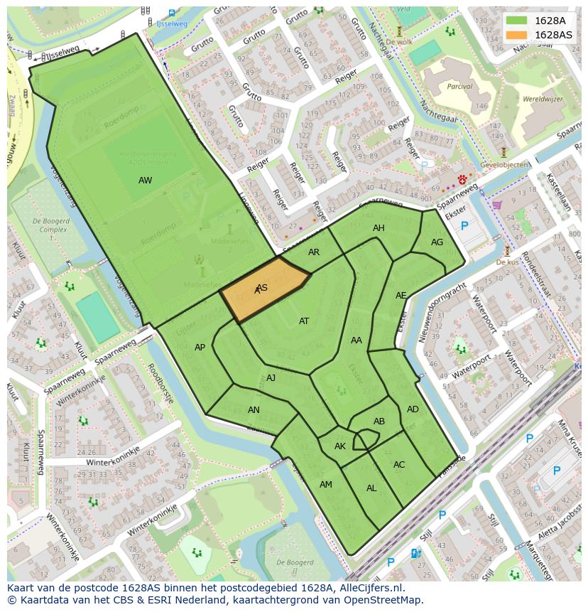 Afbeelding van het postcodegebied 1628 AS op de kaart.