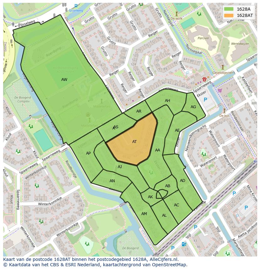 Afbeelding van het postcodegebied 1628 AT op de kaart.