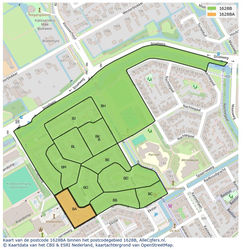 Afbeelding van het postcodegebied 1628 BA op de kaart.