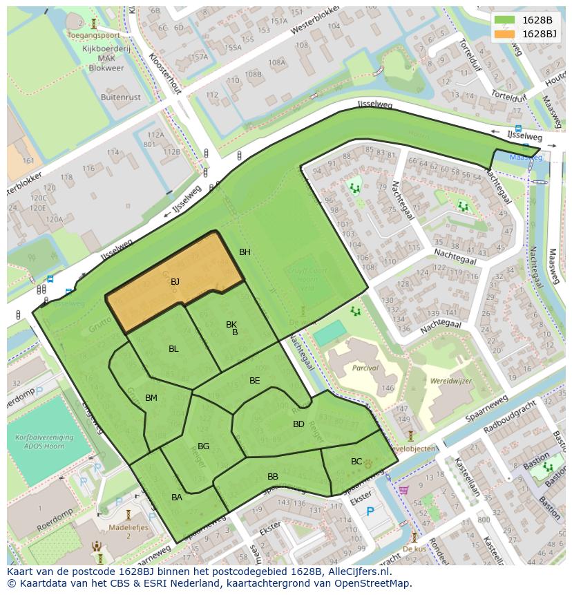 Afbeelding van het postcodegebied 1628 BJ op de kaart.