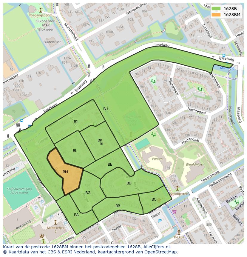 Afbeelding van het postcodegebied 1628 BM op de kaart.