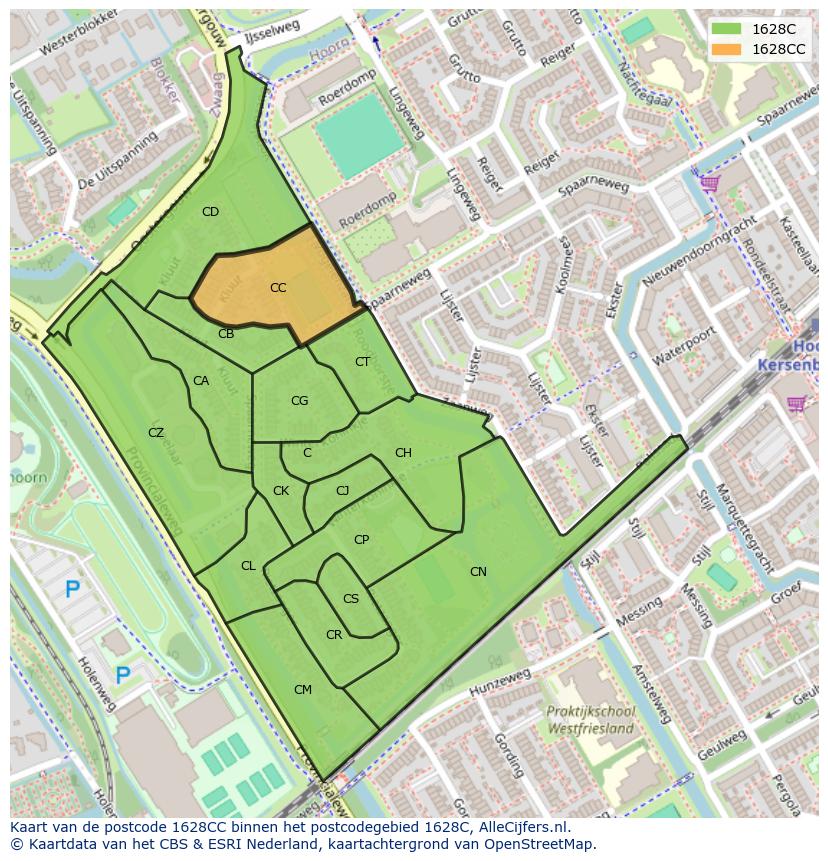 Afbeelding van het postcodegebied 1628 CC op de kaart.