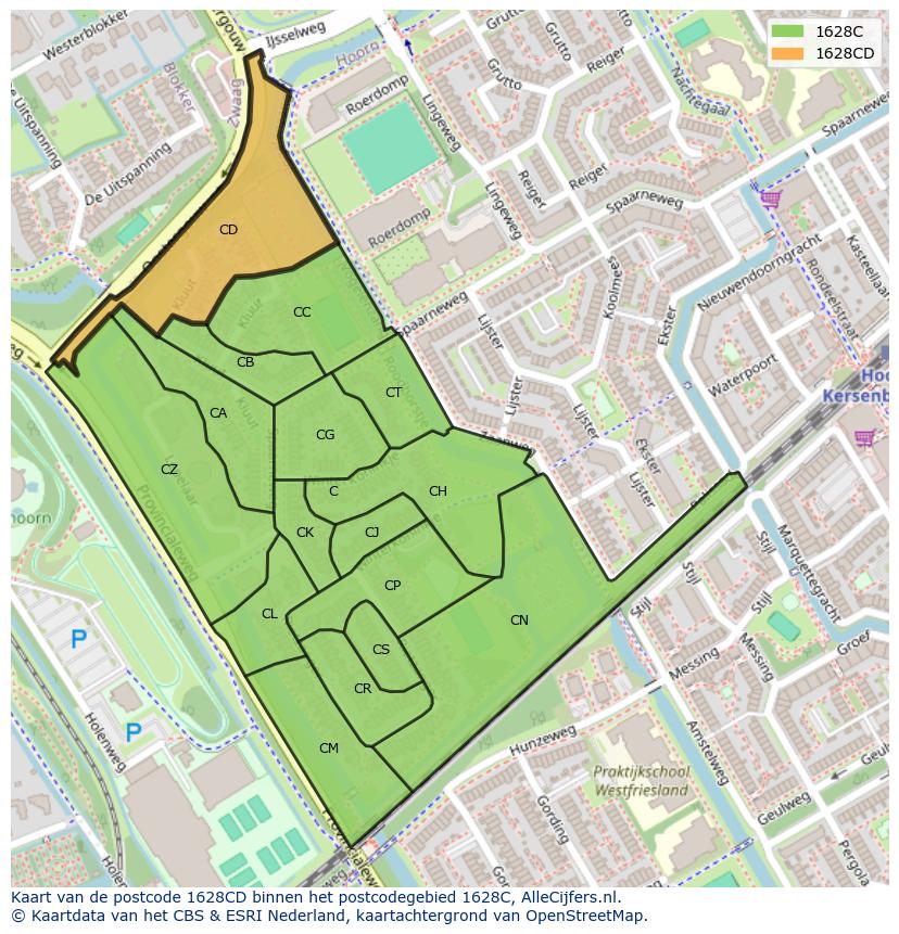 Afbeelding van het postcodegebied 1628 CD op de kaart.
