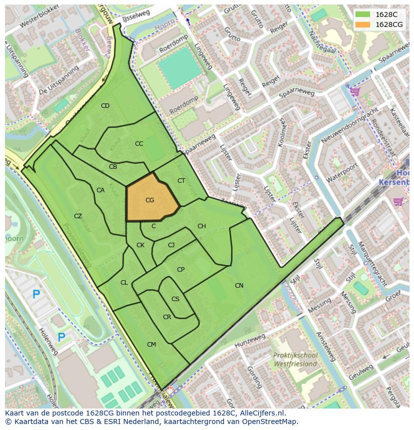 Afbeelding van het postcodegebied 1628 CG op de kaart.