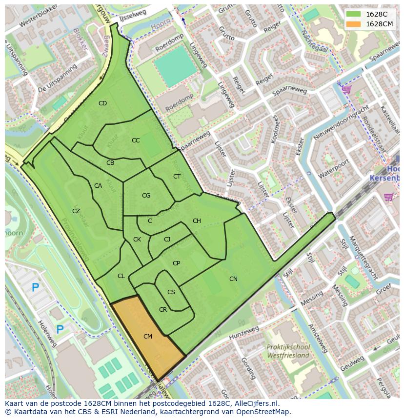 Afbeelding van het postcodegebied 1628 CM op de kaart.