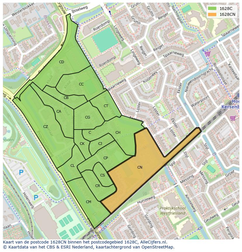 Afbeelding van het postcodegebied 1628 CN op de kaart.