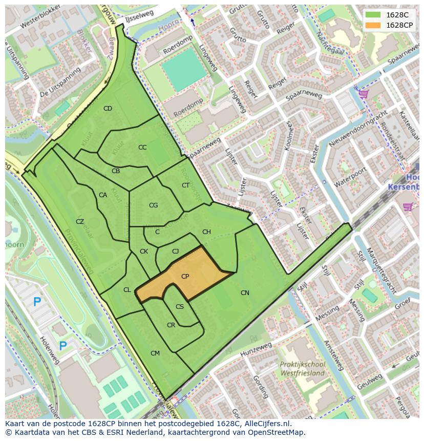 Afbeelding van het postcodegebied 1628 CP op de kaart.