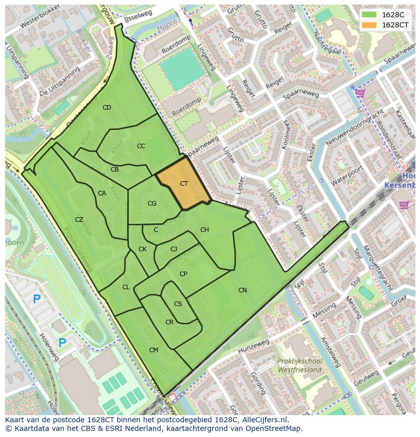Afbeelding van het postcodegebied 1628 CT op de kaart.