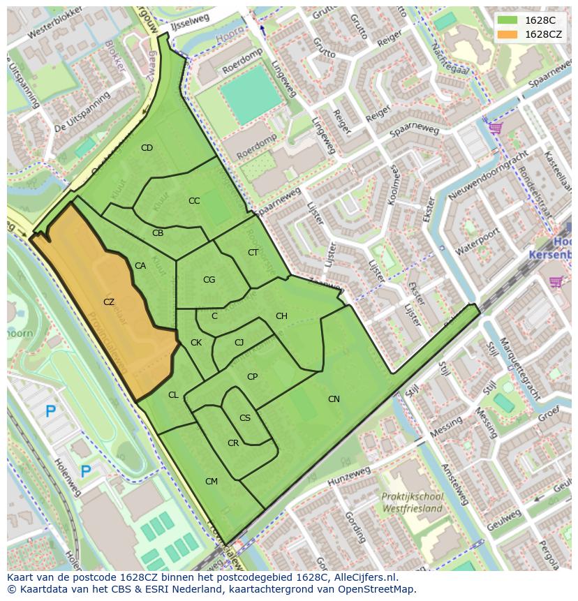 Afbeelding van het postcodegebied 1628 CZ op de kaart.