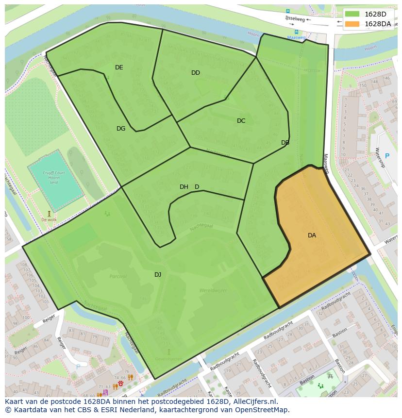 Afbeelding van het postcodegebied 1628 DA op de kaart.