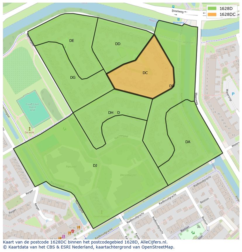 Afbeelding van het postcodegebied 1628 DC op de kaart.
