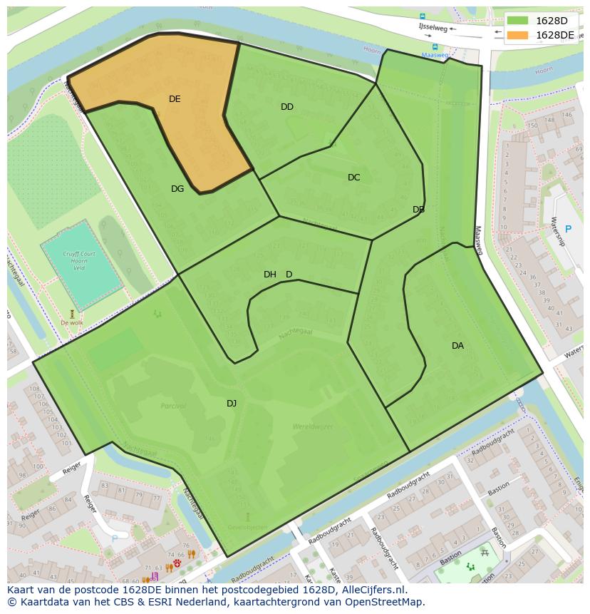 Afbeelding van het postcodegebied 1628 DE op de kaart.