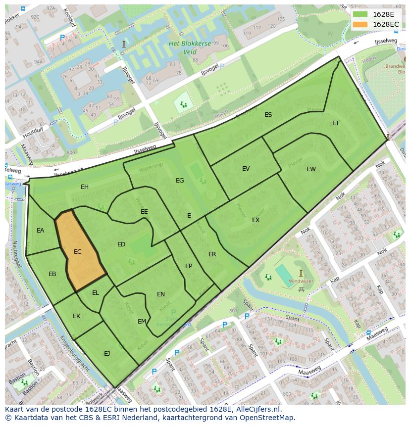 Afbeelding van het postcodegebied 1628 EC op de kaart.