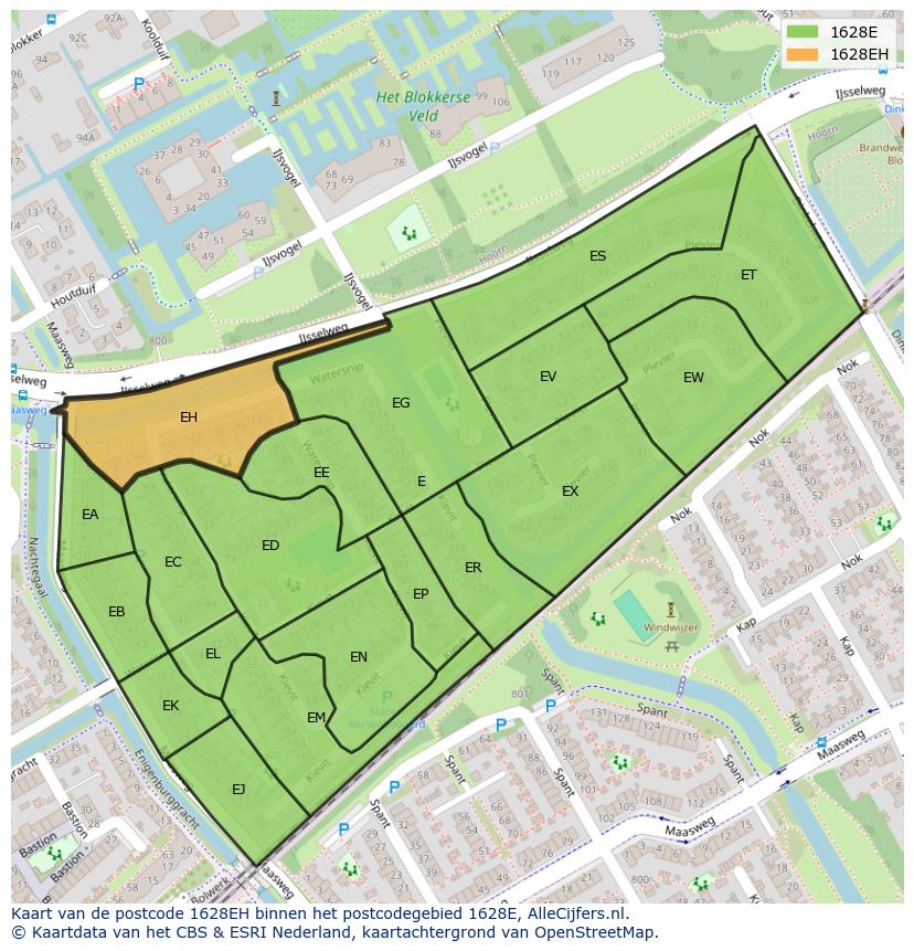 Afbeelding van het postcodegebied 1628 EH op de kaart.