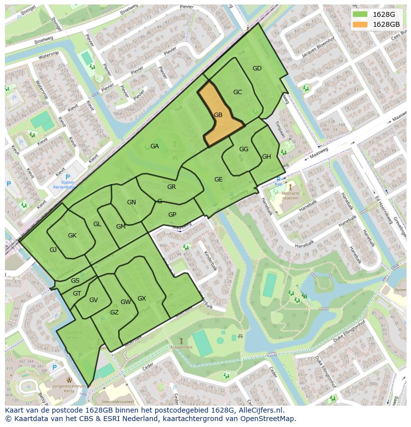 Afbeelding van het postcodegebied 1628 GB op de kaart.