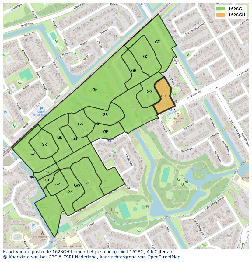 Afbeelding van het postcodegebied 1628 GH op de kaart.