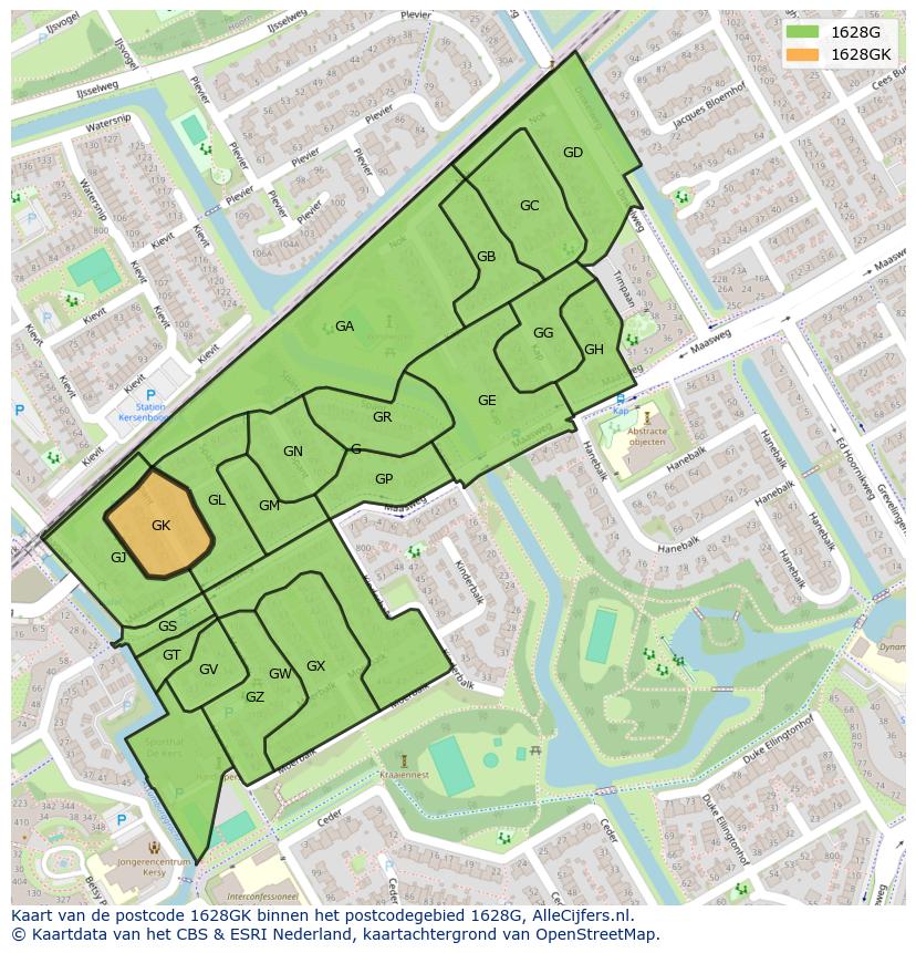 Afbeelding van het postcodegebied 1628 GK op de kaart.
