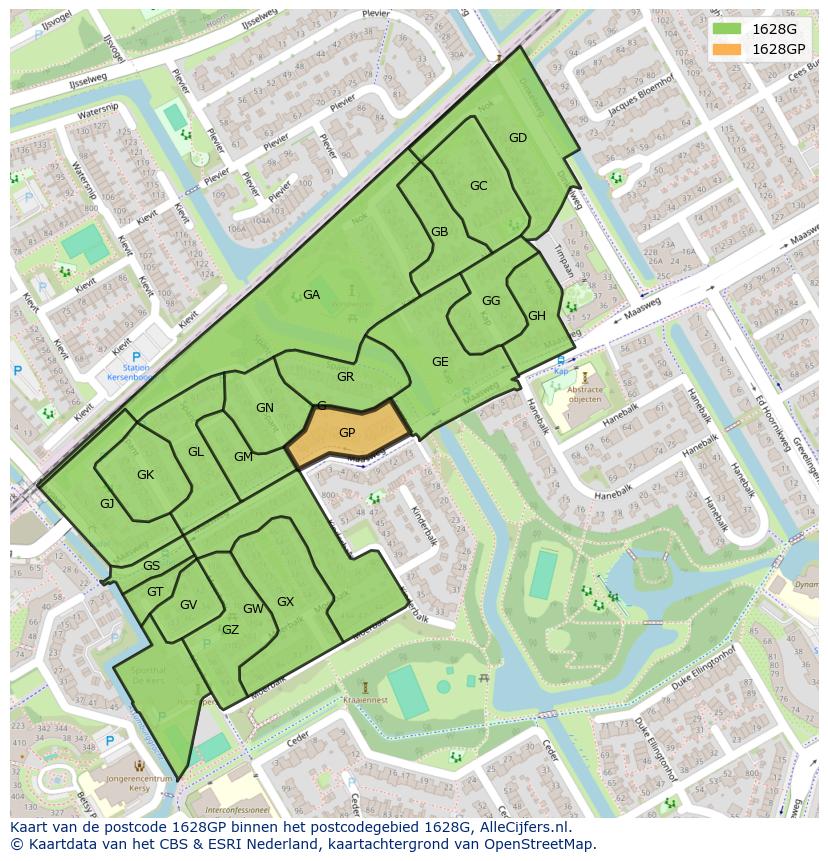 Afbeelding van het postcodegebied 1628 GP op de kaart.