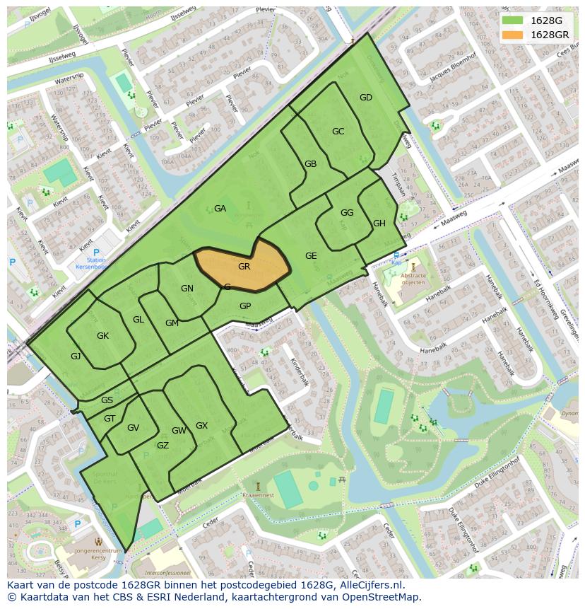 Afbeelding van het postcodegebied 1628 GR op de kaart.