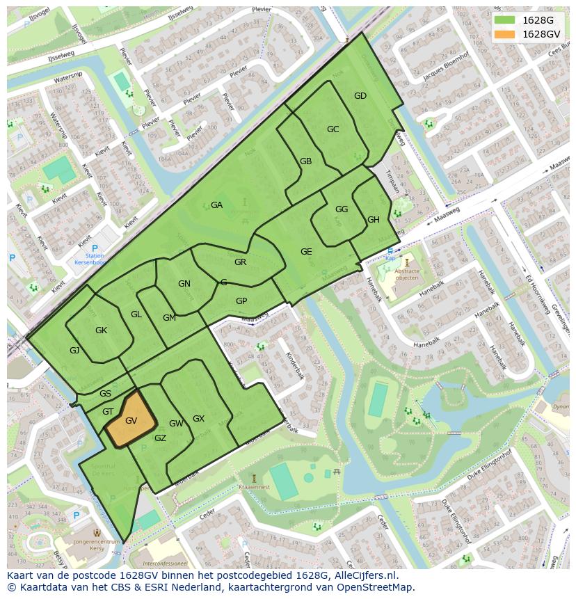 Afbeelding van het postcodegebied 1628 GV op de kaart.