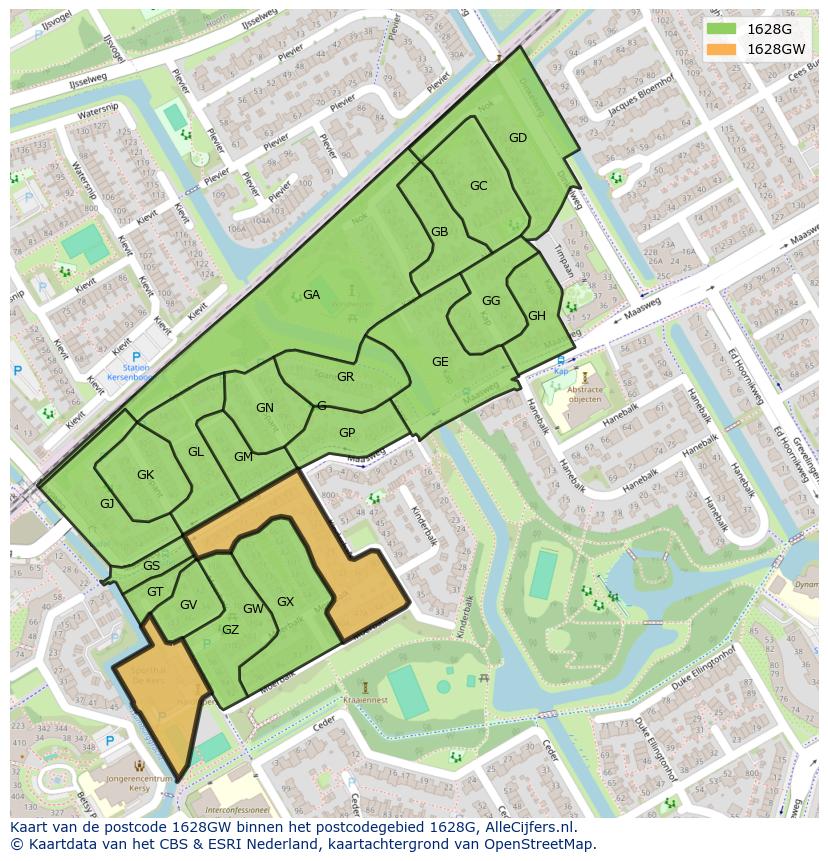 Afbeelding van het postcodegebied 1628 GW op de kaart.