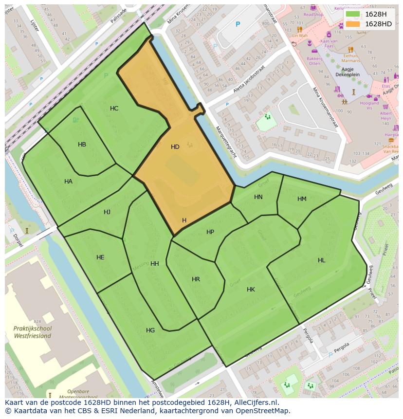 Afbeelding van het postcodegebied 1628 HD op de kaart.