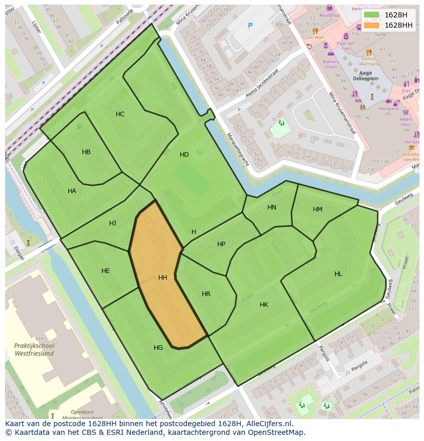 Afbeelding van het postcodegebied 1628 HH op de kaart.