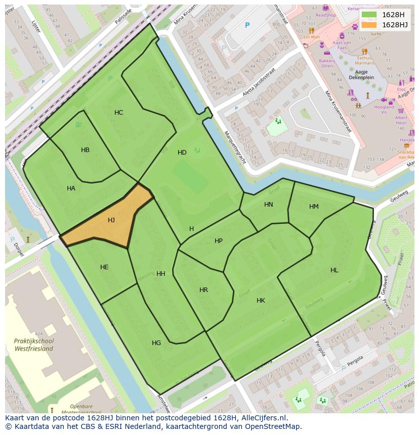 Afbeelding van het postcodegebied 1628 HJ op de kaart.