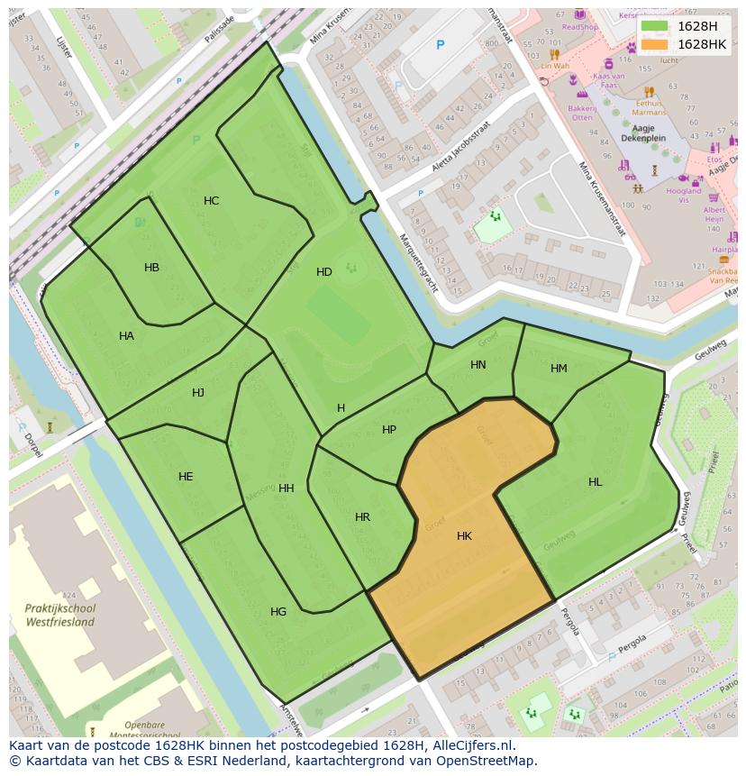 Afbeelding van het postcodegebied 1628 HK op de kaart.