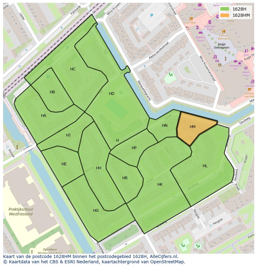 Afbeelding van het postcodegebied 1628 HM op de kaart.
