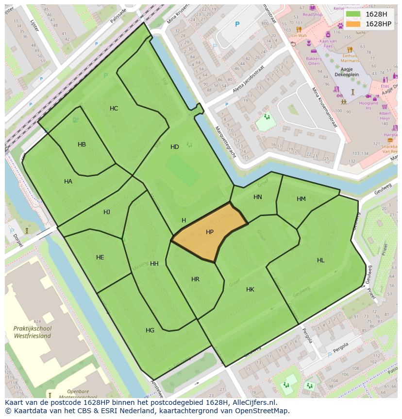 Afbeelding van het postcodegebied 1628 HP op de kaart.