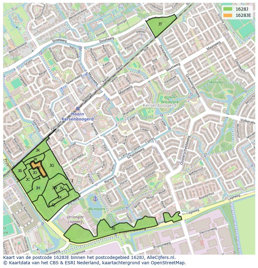 Afbeelding van het postcodegebied 1628 JE op de kaart.
