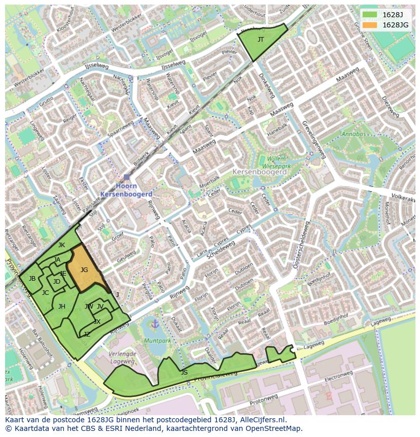Afbeelding van het postcodegebied 1628 JG op de kaart.