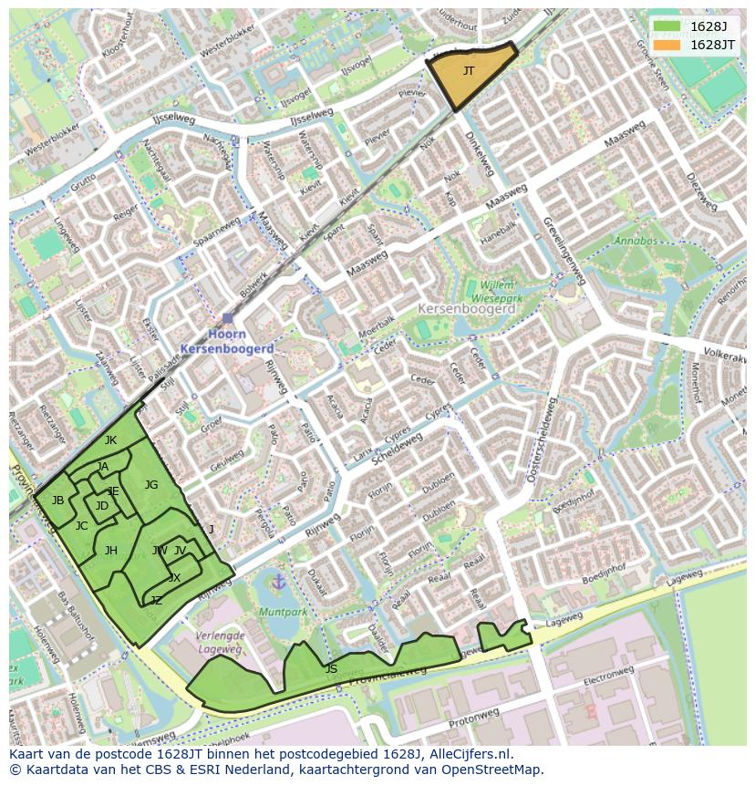 Afbeelding van het postcodegebied 1628 JT op de kaart.